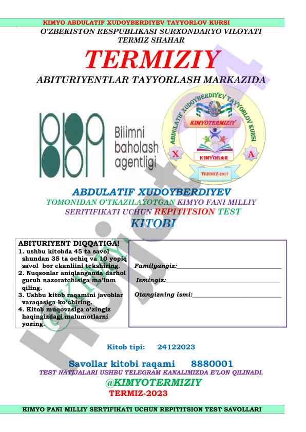 Kimyo fani milli sertifikati uchun repititsion test