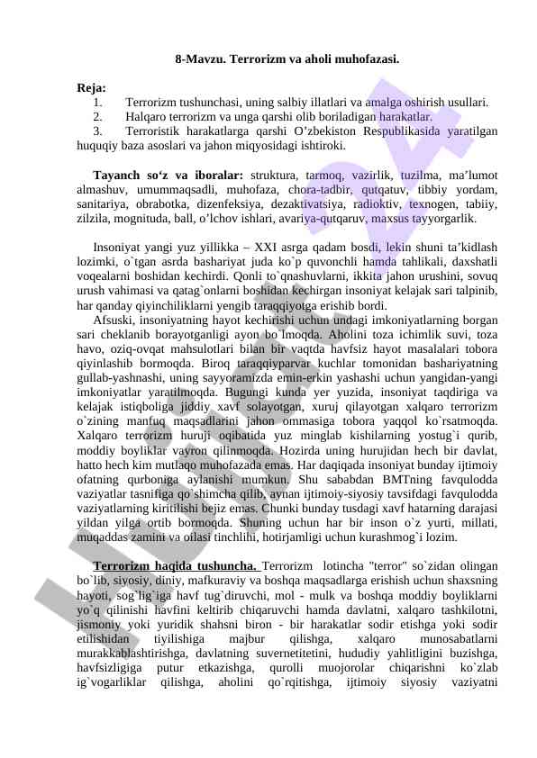 Terrorizm va aholi muhofazasi bo'yicha tahlil