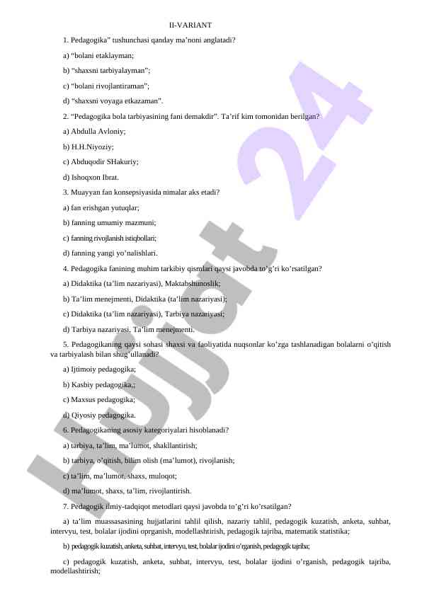 Pedagogika fanidan test savollari