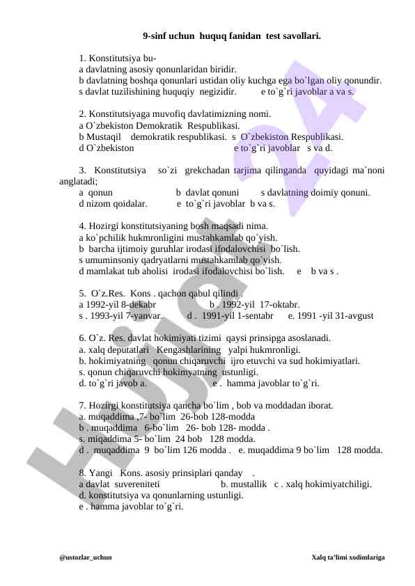 9-sinf huquq fanidan test savollari