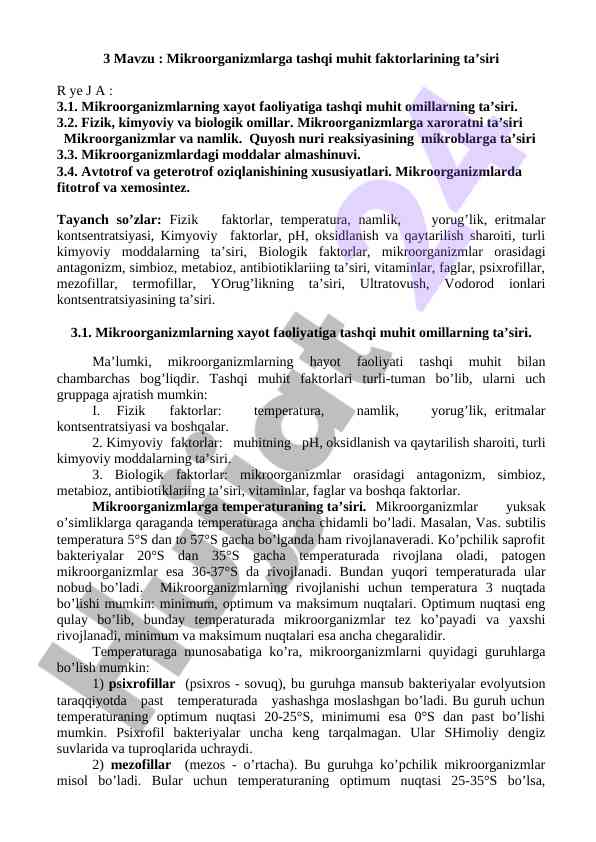 Mikroorganizmlarga tashqi muhit faktorlarining ta’siri