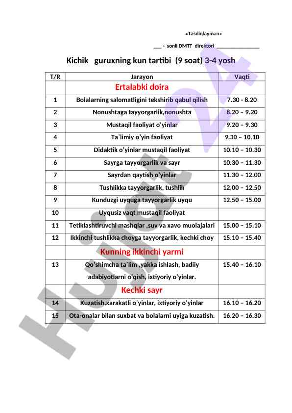 Kichik guruh kun tartibi 3-4 yosh bolalar uchun