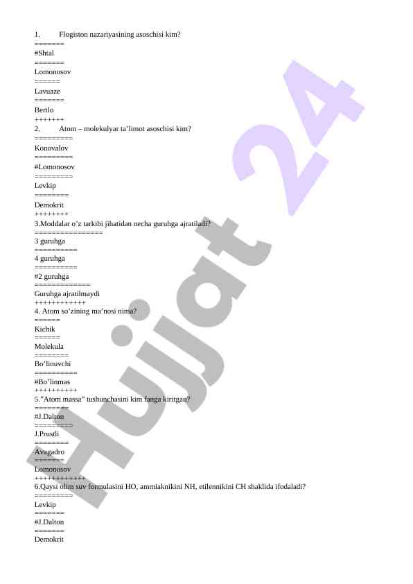 Kimyo fanidan savollar bilan o‘quv testi