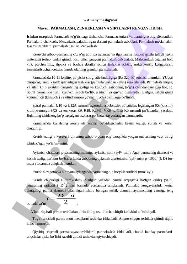 Parmalash va zenkerlash amaliy mashg'ulotlari