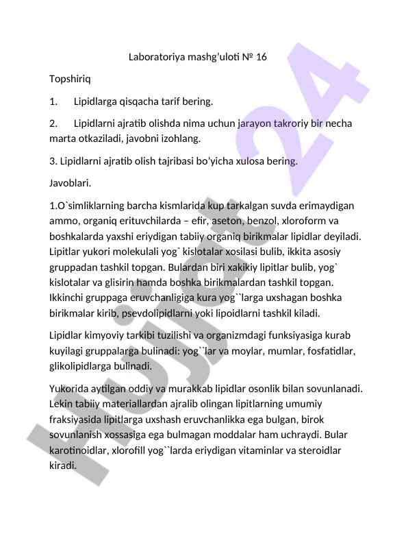 Lipidlarga qisqacha tarif va ajratib olish usullari
