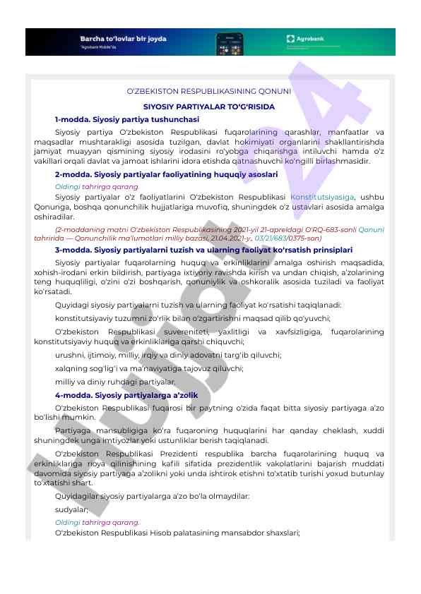 Qonun siyosiy partiyalar to‘g‘risida tafsilotlar