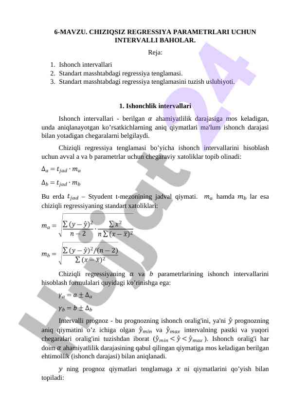 Chiziqsiz regressiya parametrlari uchin intervallar