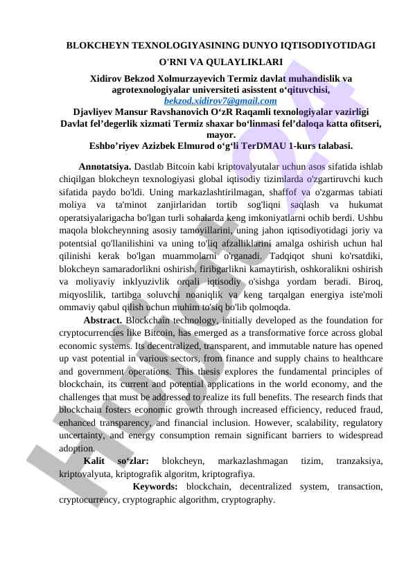 Blokcheyn texnologiyalari va ularning iqtisodiyotdagi o'rni