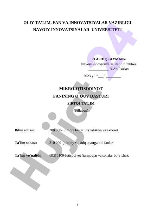 Mikroiqtisodiyot fanining o‘quv dasturi sirtqi ta’lim