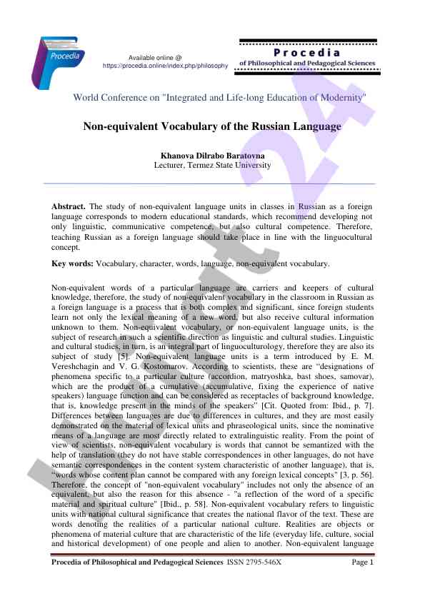 Non-equivalent vocabulary in russian language education