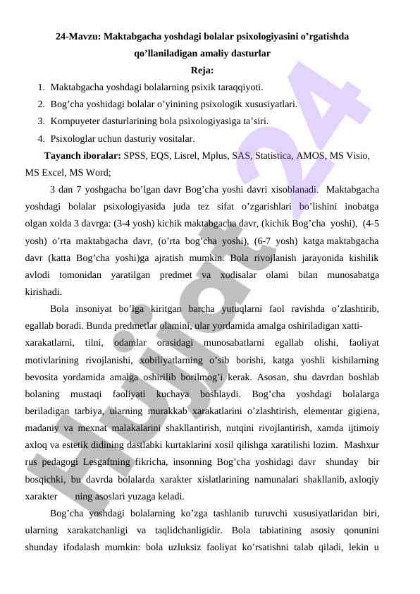 Maktabgacha yoshdagi bolalar psixologiyasini o‘rganish
