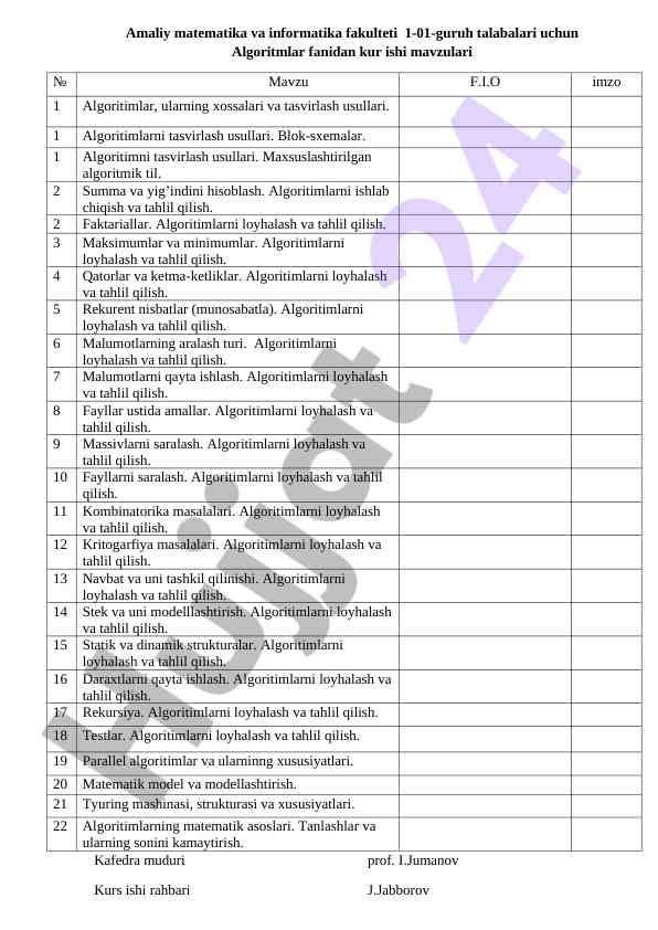 Algoritmlar fanidan kurs ishlari mavzulari