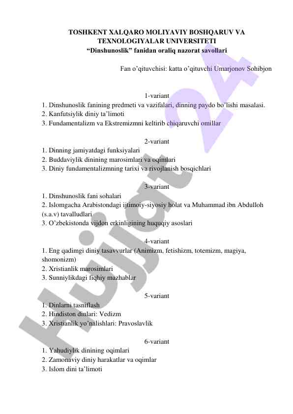 Dinshunoslik fanidan oraliq nazorat savollari