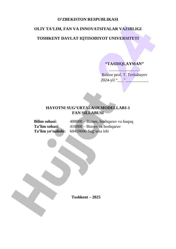 Hayotni sug‘urtalash modellari sillabusi 2025