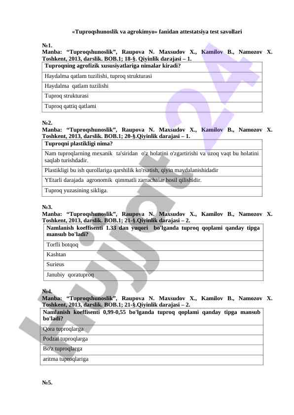 Tuproqshunoslik va agrokimyo test savollari №1