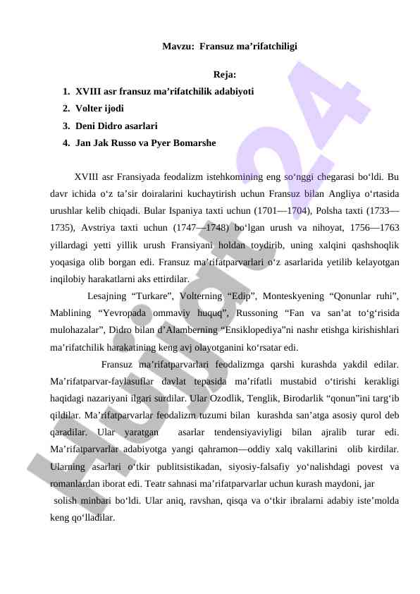 Fransuz ma’rifatchiligi va xviii asr adabiyoti