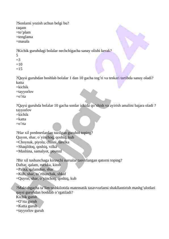 Kichik guruhdagi bolalar uchun matematik mashg'ulotlari