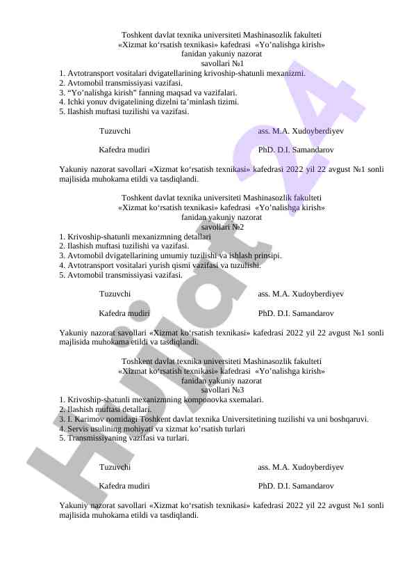 Xizmat ko'rsatish texnikasi fanidan yakuniy nazorat