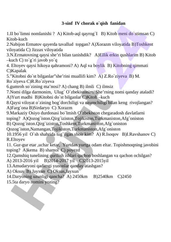 3-sinf o‘qish fanidan savollar va javoblar