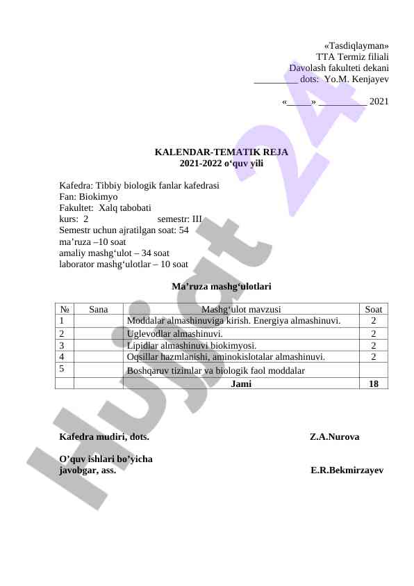 Kalendar-tematik reja 2021-2022 o‘quv yili