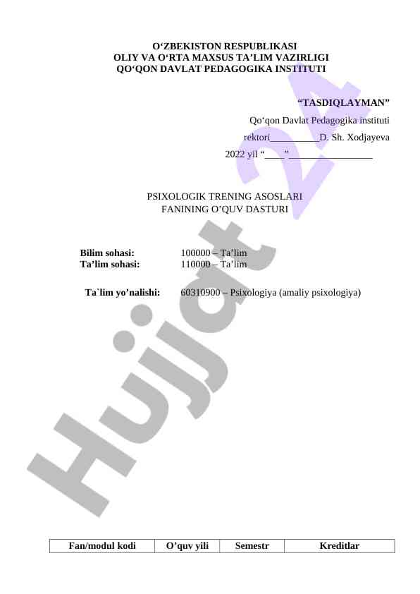 Psixologik trening asoslari o‘quv dasturi