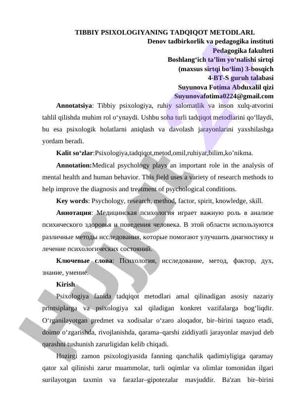 Tibbiy psixologiyaning tadqiqot metodlari