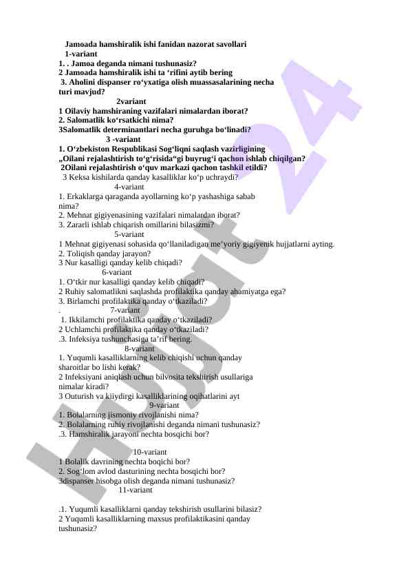 Hamshiralik ishi fanidan nazorat savollari