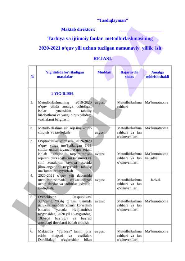 2020-2021 o‘quv yili yillik ish rejasi
