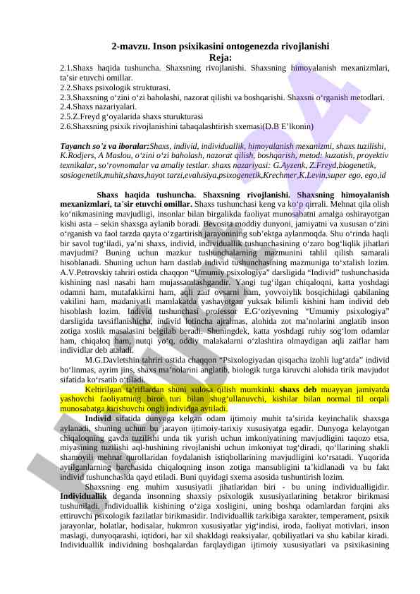 Inson psixikasini ontogenezda rivojlanishi tahlili