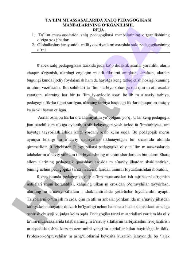 Xalq pedagogikasi manbalarining o‘rganilishi