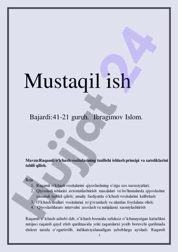 Raqamli o'lchash vositalarining tuzilishi va xatoliklari