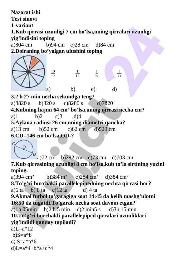 Matematika nazorat ishlari testlari 1-2 variant