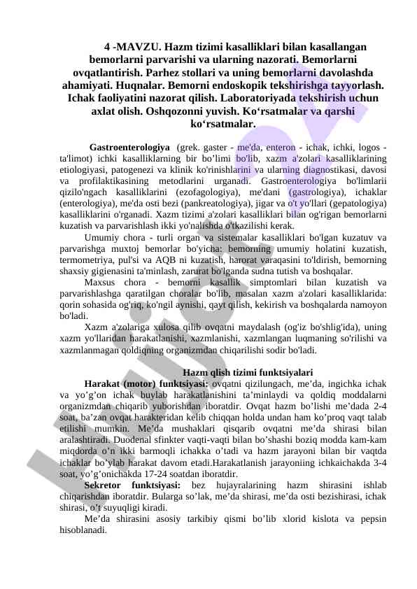 Hazm tizimi kasalliklari bilan bemorlarni parvarishi