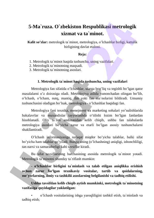 Metrologik ta'minot va o'lchovlar birligi