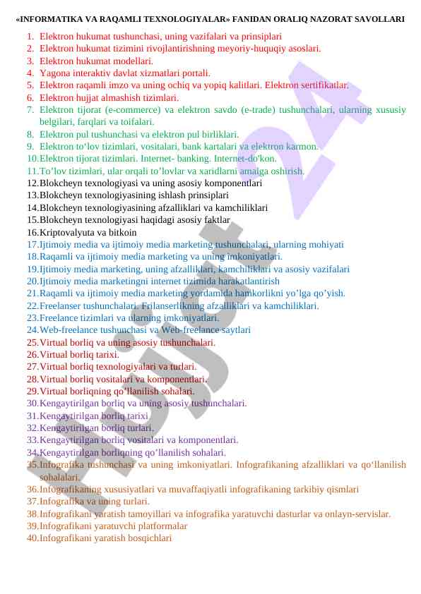 Informatika va raqamli texnologiyalar savollari