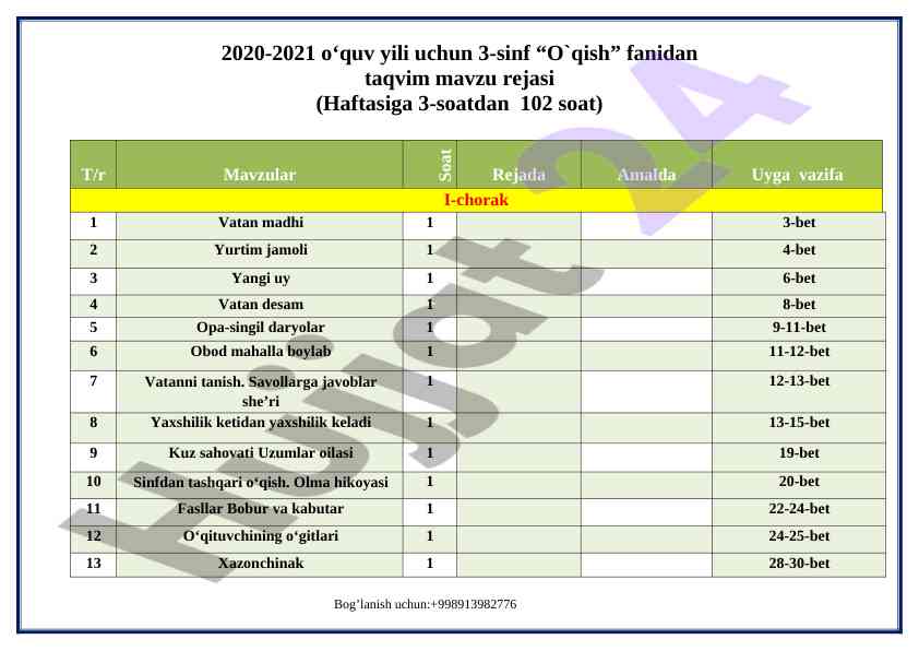 3-sinf o'quish fani taqvim mavzu rejasi