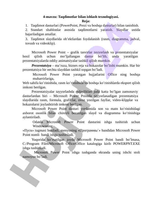 Taqdimotlar bilan ishlash texnologiyasi