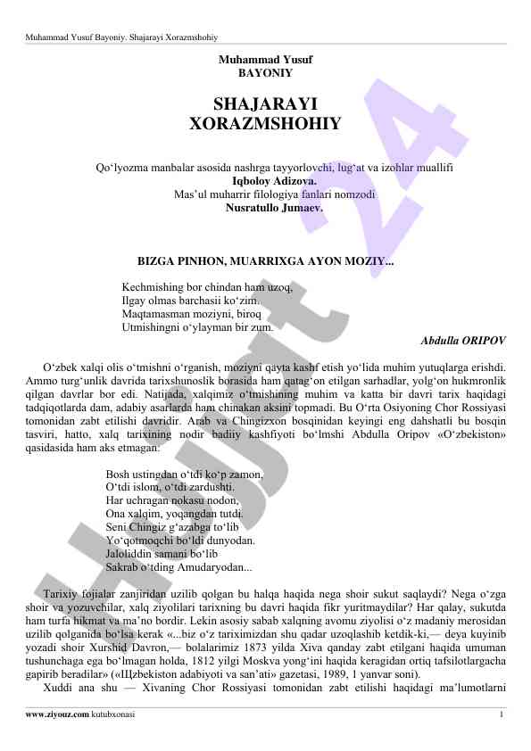 Muhammad yusuf bayoniy tarixi va shajaralari
