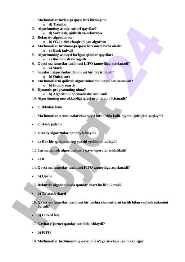 Algoritmlar va ma'lumotlar tuzilmalari savollari