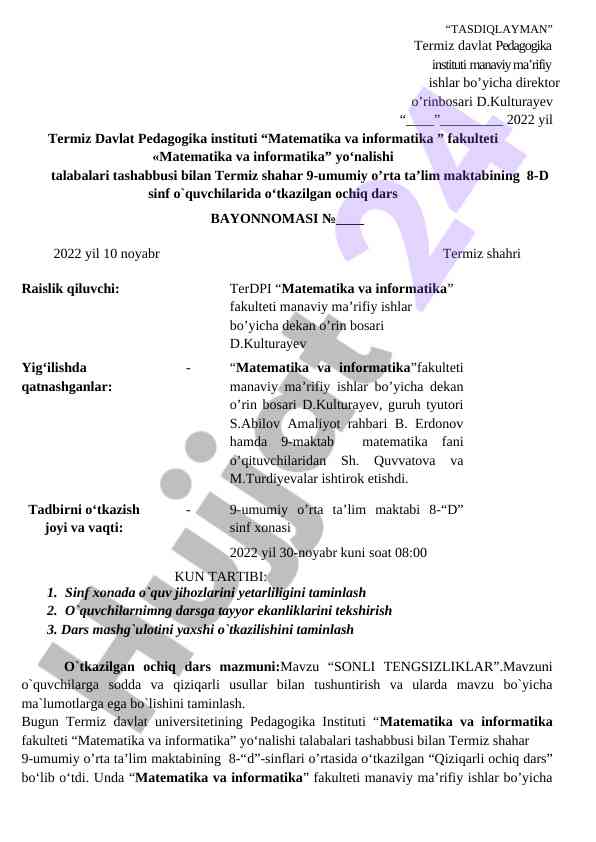 Ochiq dars bayonnomasi matematikada tengsizliklar