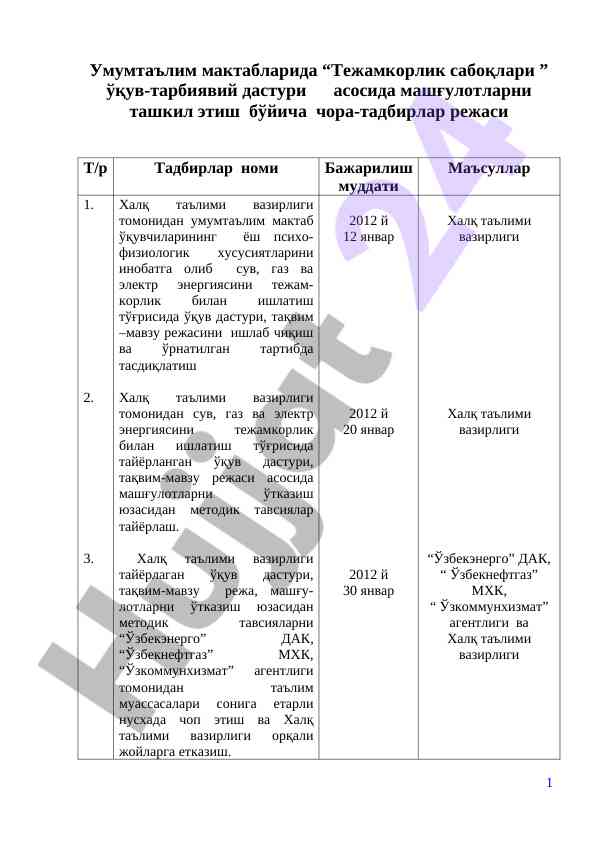 Tajribalar rejasi tushuntiruvchi o‘quv dasturi