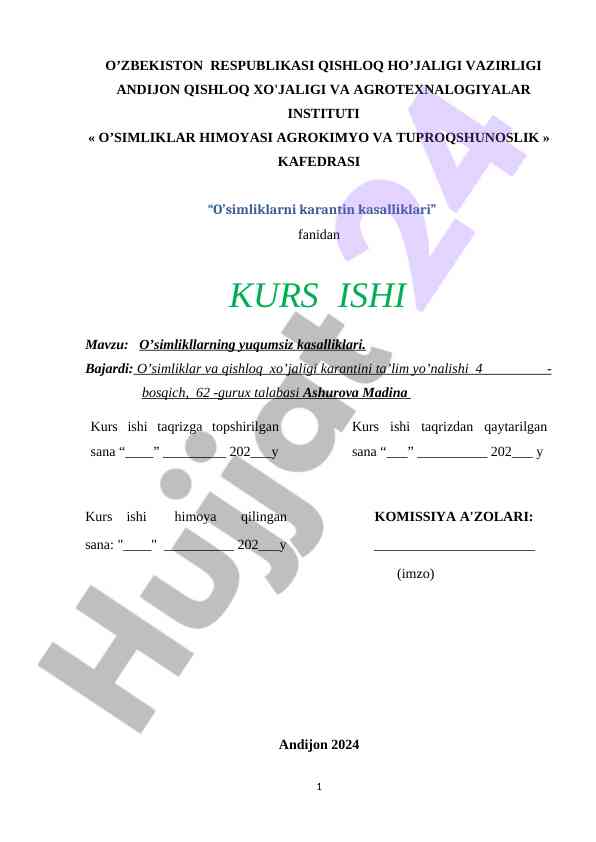 O'simliklarning yuqumsiz kasalliklari kurs ishlari