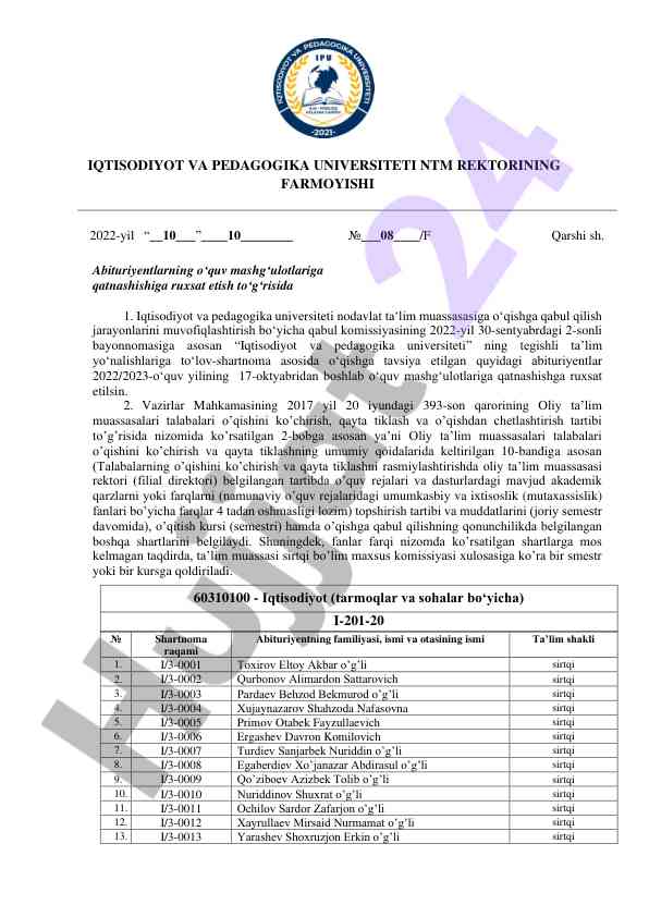 Abituriyentlar uchun o‘quv mashg‘ulotlariga ruxsat