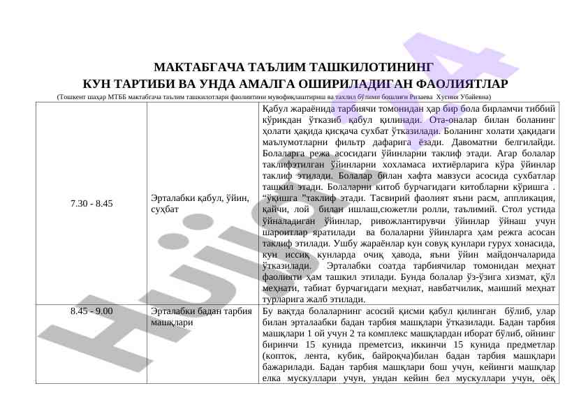 Maktabgacha ta'lim tashkilotining kun tartibi