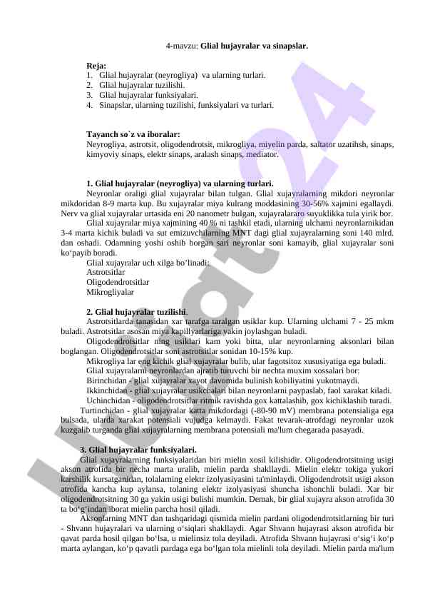 Glial hujayralar va sinapslar tahlili