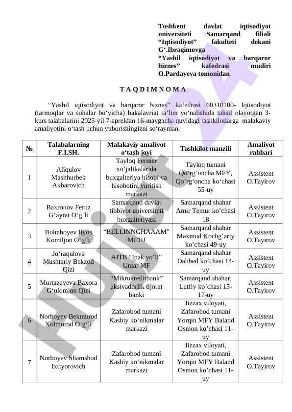 Yashil iqtisodiyot va barqaror biznes kafedrasi taqdimot