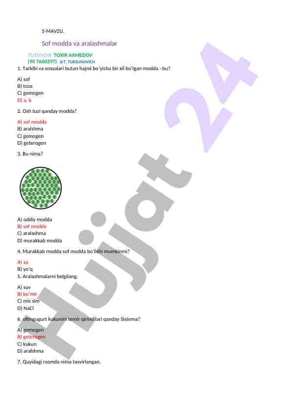 Sof modda va aralashmalar test savollari
