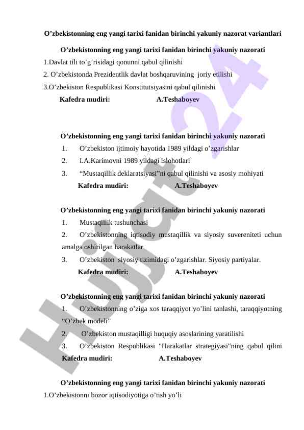 O’zbekistonning eng yangi tarixi nazorat varianti