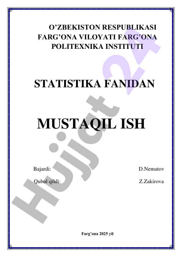 Statistika fanidan mustaqil ish mavzusi
