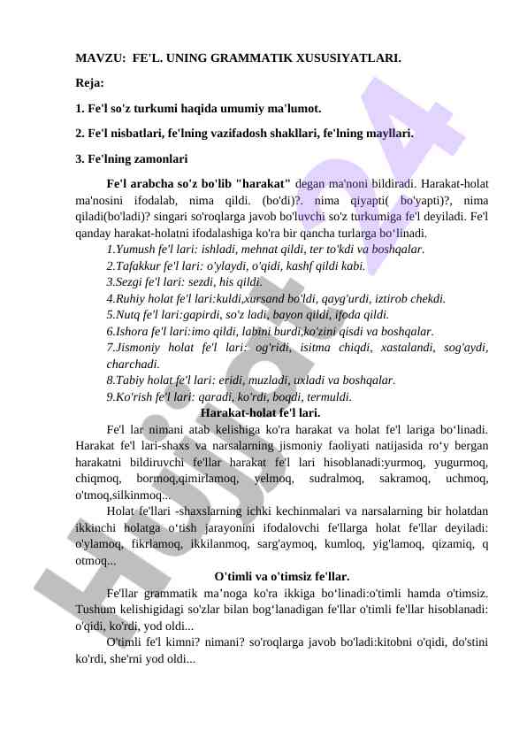 Fe'lning grammatik xususiyatlari haqida o‘quv qo‘llanma